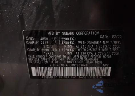 2022 Subaru Outback Premium from USA, damaged, VIN 4S4BTAFC0N3209649